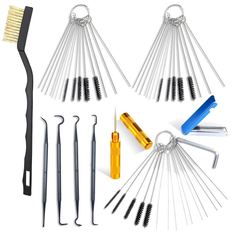 Yiyiring Carburetor Cleaner Kit Torch Tip Cleaner Set, Includes 1 Single Head Brush 30 Needles 15 Nylon Brushes 1 Hexagonal Wrench 1 Scraper and 4 Cleaning Hooks 1 Aluminum Case for Motorcycle ATV - Image 1
