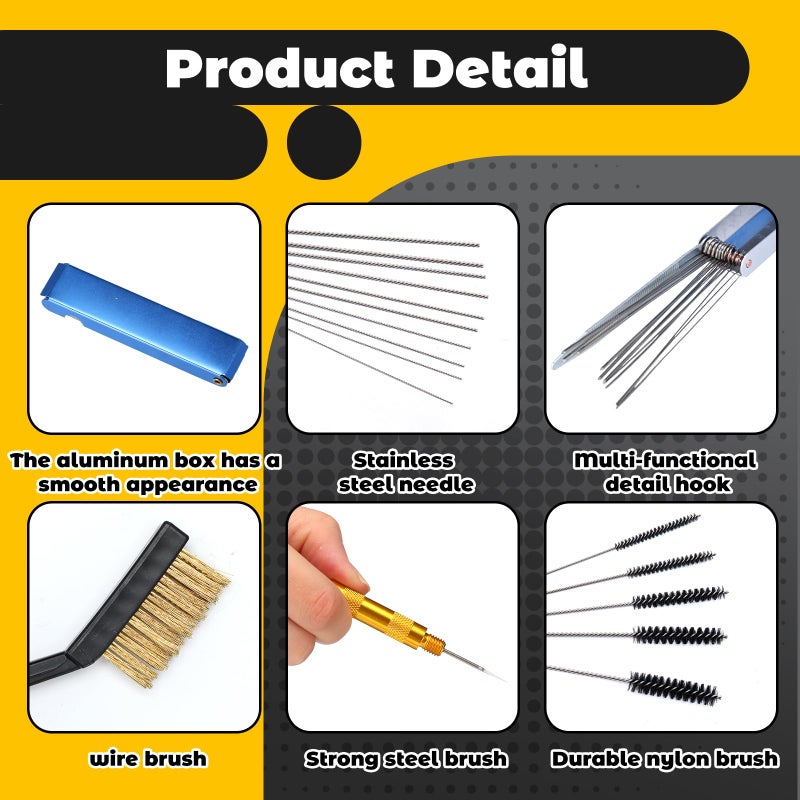 Yiyiring Carburetor Cleaner Kit Torch Tip Cleaner Set, Includes 1 Single Head Brush 30 Needles 15 Nylon Brushes 1 Hexagonal Wrench 1 Scraper and 4 Cleaning Hooks 1 Aluminum Case for Motorcycle ATV - Image 3