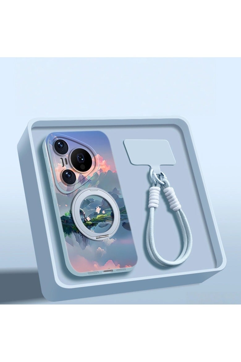 general Suitable for Huawei Pura 80  mobile phone case Silicone protective case with 360° rotating stand Landscape painting design Full edge protection with wrist strap