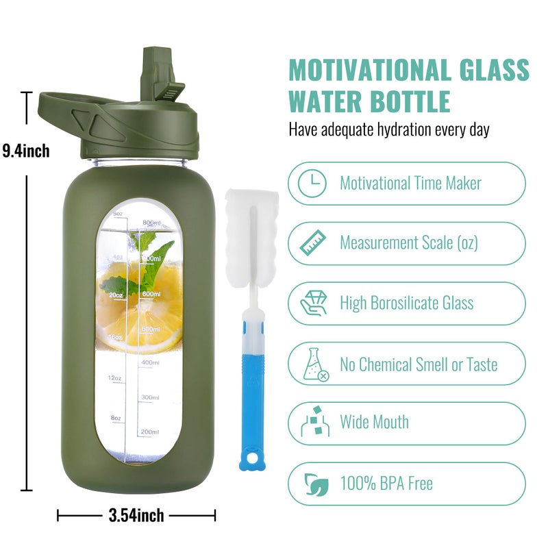CIVAGO 32 oz Glass Water Bottle with Straw and Handle, Large Sports Motivational Water Bottle Flask with Time Marker, Leakproof Water Jug Canteen with Silicone Sleeve for Gym,Army Green - Image 2