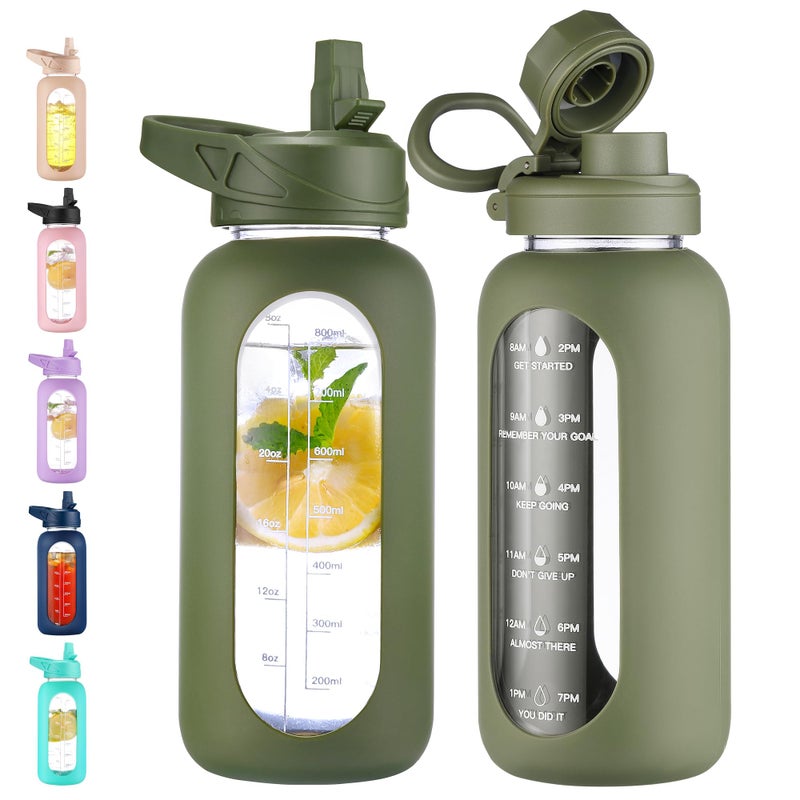 CIVAGO 32 oz Glass Water Bottle with Straw and Handle, Large Sports Motivational Water Bottle Flask with Time Marker, Leakproof Water Jug Canteen with Silicone Sleeve for Gym,Army Green - Image 1