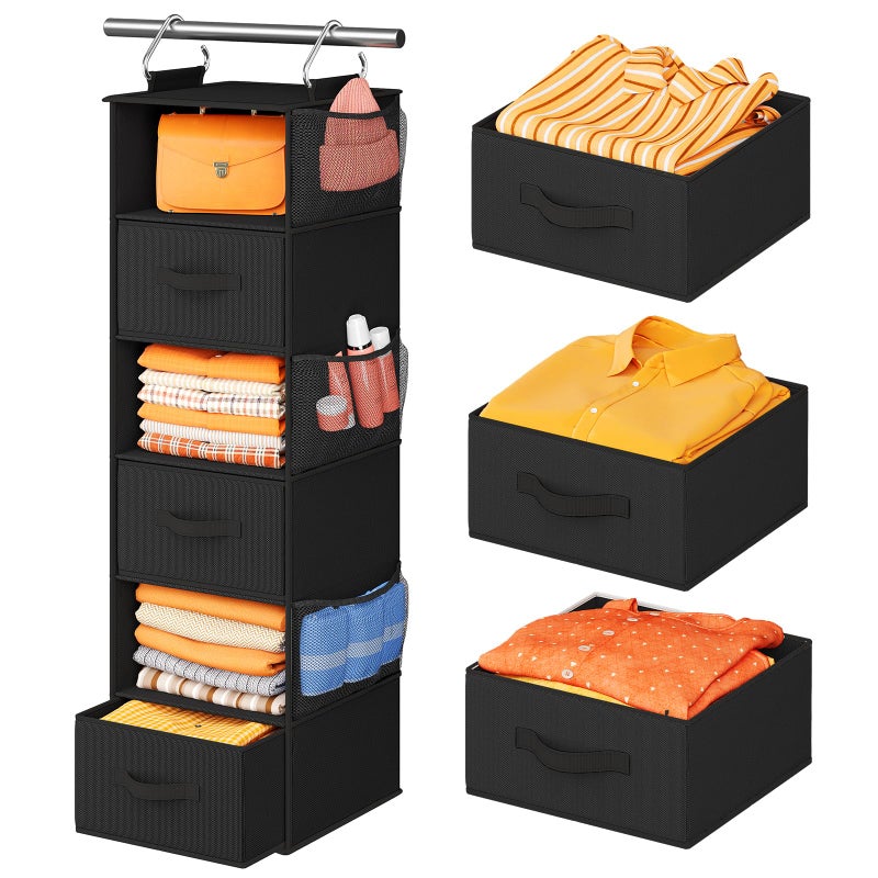 Pipishell Hanging Closet Organizer 6Shelf Hanging Shelves for Closet with 3 Removable Drawers  Side Pockets Hanging Shelf Organizer for Bedroom or Garment Rack 12 x 12 x 433 Black