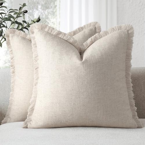 ZWJD Pillow Covers 18x18 Set of 2 Throw Pillow Covers with Fringe Chic Cotton Euro Shams Square Cushion Covers for Couch Sofa Bed Living Room Farmhouse Boho Decor Natural Beige - Image 1