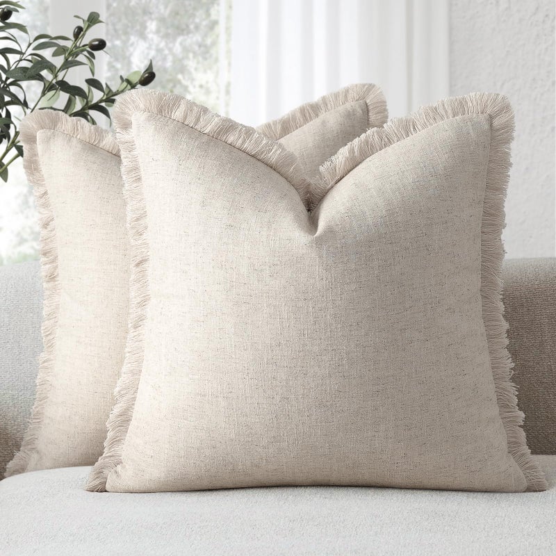 ZWJD Pillow Covers 18x18 Set of 2 Throw Pillow Covers with Fringe Chic Cotton Euro Shams Square Cushion Covers for Couch Sofa Bed Living Room Farmhouse Boho Decor Natural Beige - Image 2