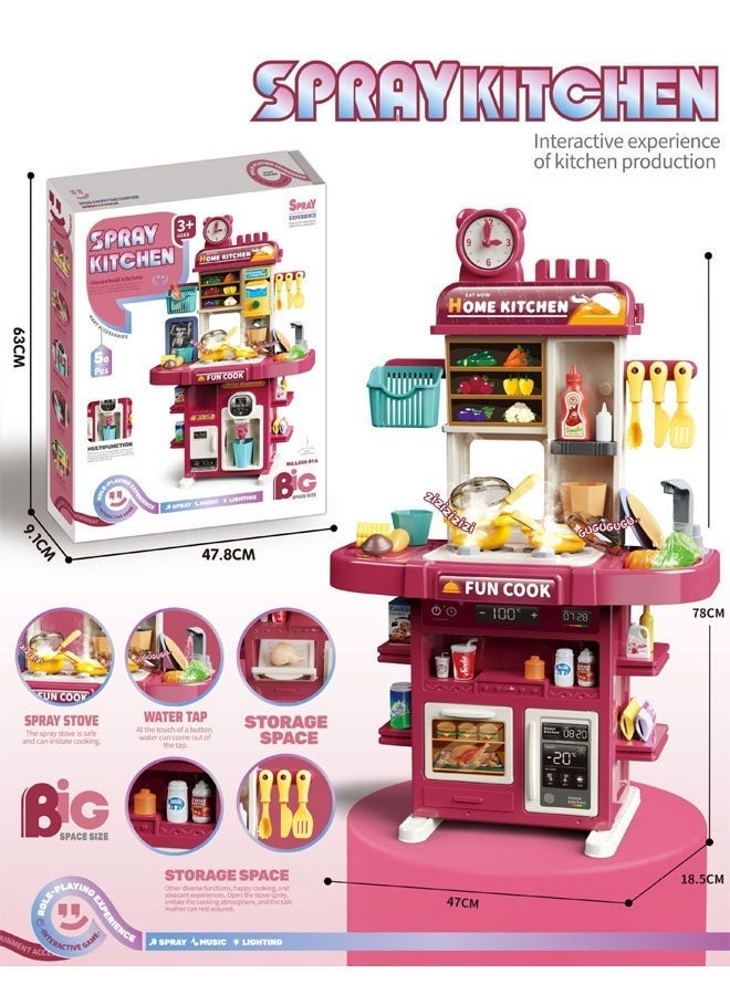 42 Pcs Kitchen Playset,Children's Play Kitchen Toy Set,Role Playing Chef, Simulation Kitchen Accessories Toys Sets With Spray And Light Simulated Water Faucet, Water Dispenser, Toy For Boys, Girls, Kids, Children, Red - Image 2