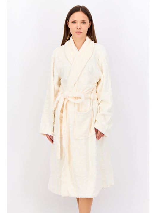 Women Belted Embossed Bath Robe, Light Beige