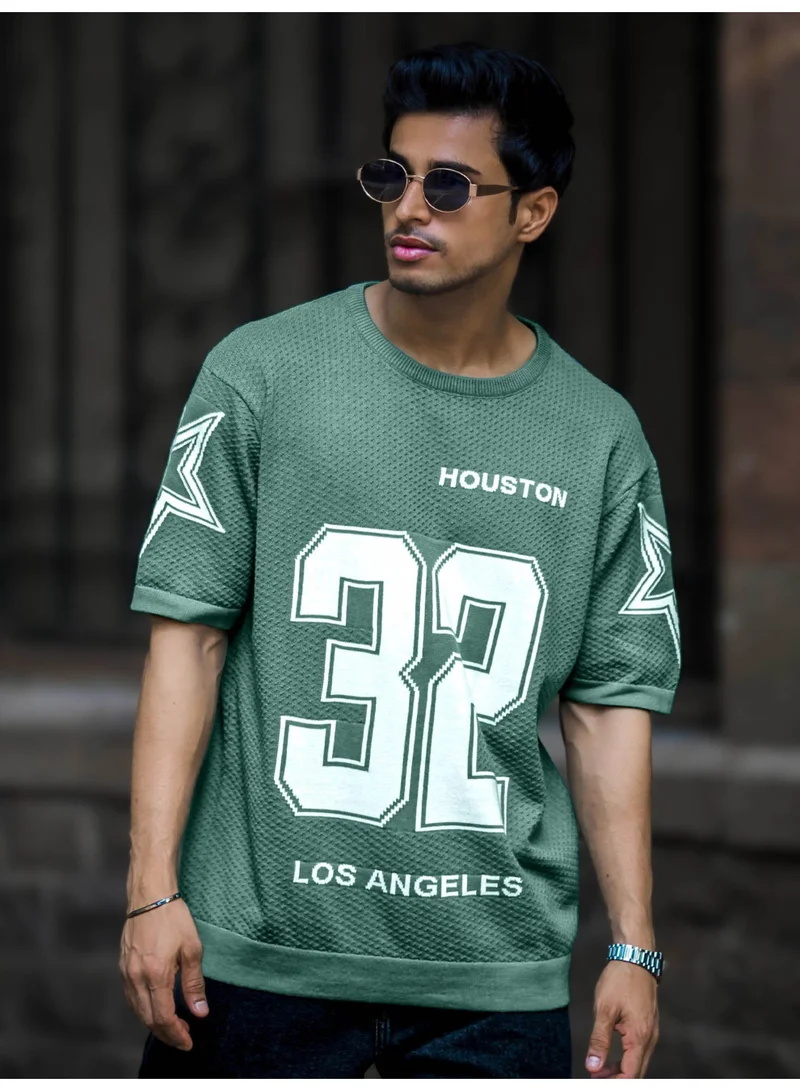 Maniac  Maniac Mens Printed Round Neck Half Sleeve Green and White Flat Knit Oversized Fit T-Shirt for Men | Best Price UAE