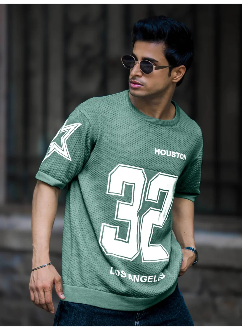 مانياك تيشيرت مانياك رجالي مطبوع بياقة دائرية وأكمام نصفية، مقاس واسع، أخضر وأبيض