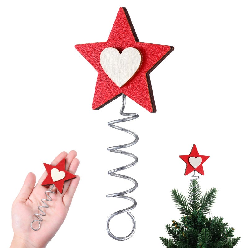 Yinkin Valentine Day Tree Topper Red Miniature Small Christmas Star Topper for Christmas Tree Wood Heart Center for Valentineâ€˜S Day Party Supplies Holiday Ornament Home Decoration - Image 1