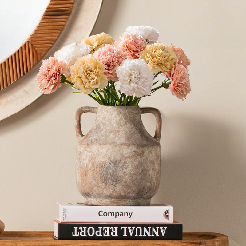 Mitt&Ditt Ceramic Flower Vase with Handles, 8 inch Tall Off-White Vase, Decorative Terracotta Vases, Farmhouse Rustic Pottery Vases for Home Decor, Living Room, Table - Image 1