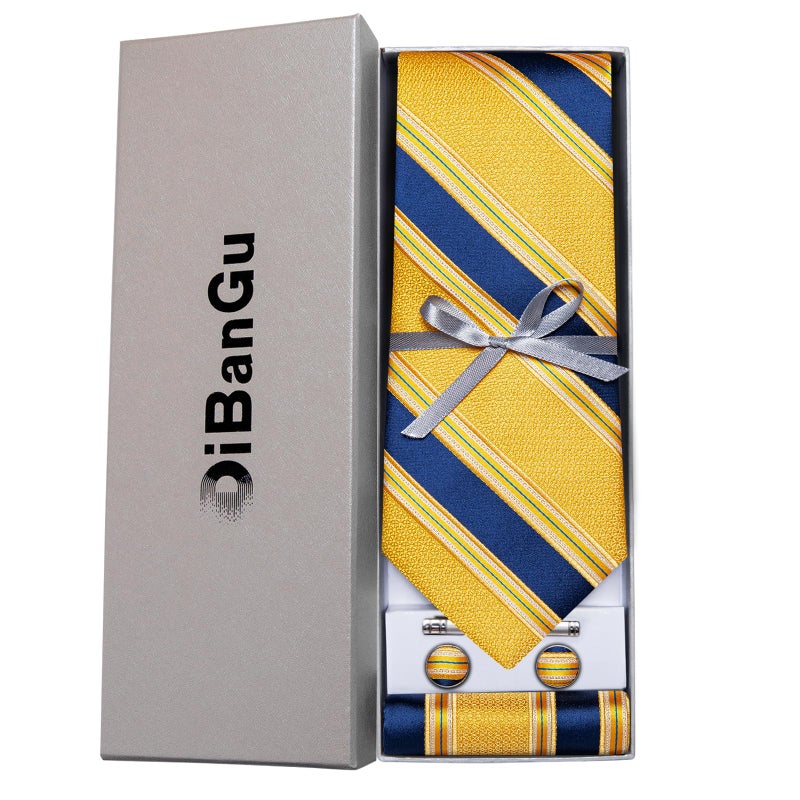 DiBanGu Plaid Ties for Men Silk Checkered Necktie and Pocket Square Cufflinks Tie Clip Set with Gift Box for Wedding Business, Blue and Yellow - Image 4
