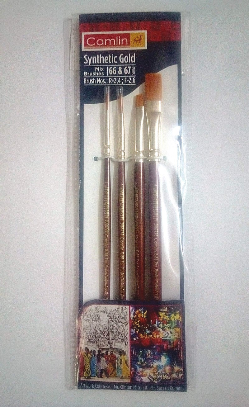 Camlin Camlin Kokuyo Paint Brush Series 67 &Series 66- Round&Flat Synthetic Gold, Set of 4 by Anmol Art & Frames