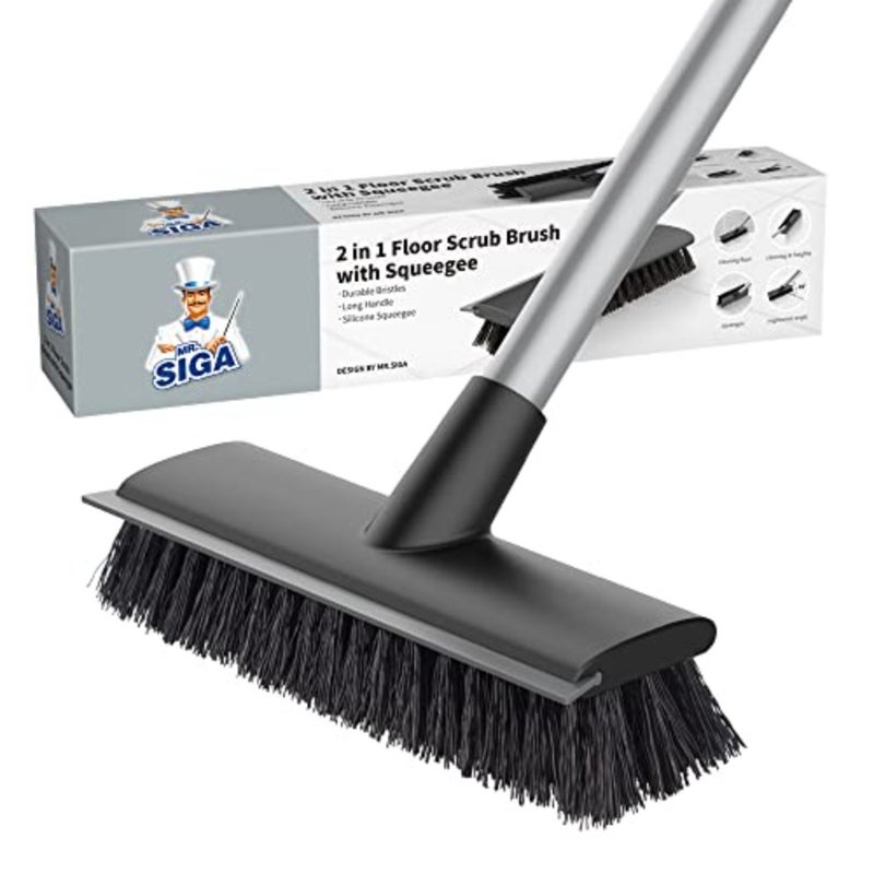Floor Scrub Brush with Long Handle for Cleaning Cleaning Bathroom Shower floor scrubber, 2 in 1 scrubber and squeegee for cleaning patio, garage, wall, tile with stiff Bristles - Image 1