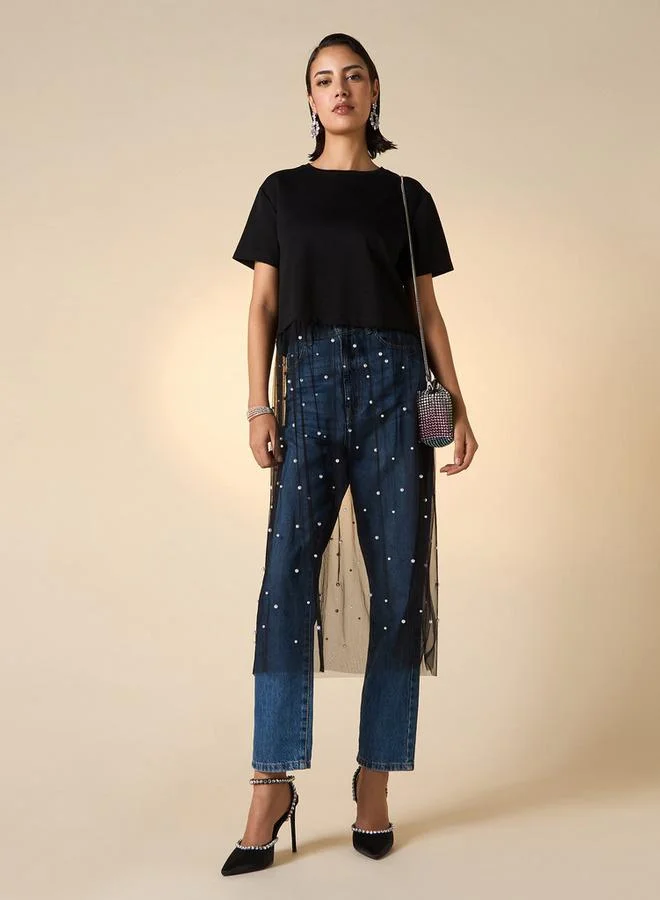 2Xtremz 2Xtremz Pearl Embellished Crew Neck Top with Mesh Overlay