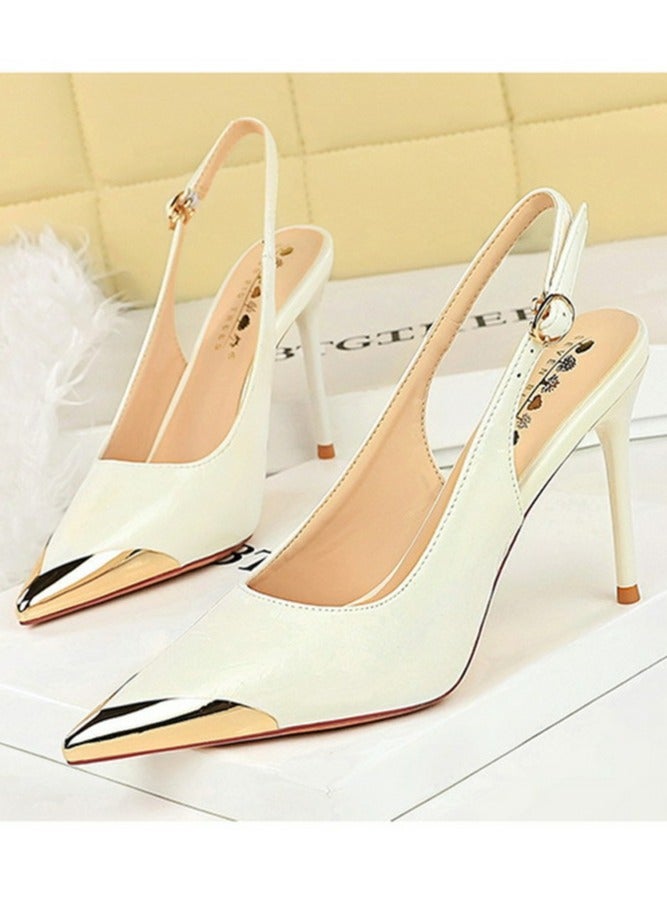 بيج تري المرأة أشارت إصبع القدم مضخات مغلقة إصبع القدم كعب عالي قفل حزام ساندال 9.5CM أبيض - Image 1