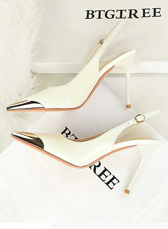 بيج تري المرأة أشارت إصبع القدم مضخات مغلقة إصبع القدم كعب عالي قفل حزام ساندال 9.5CM أبيض - Image 3