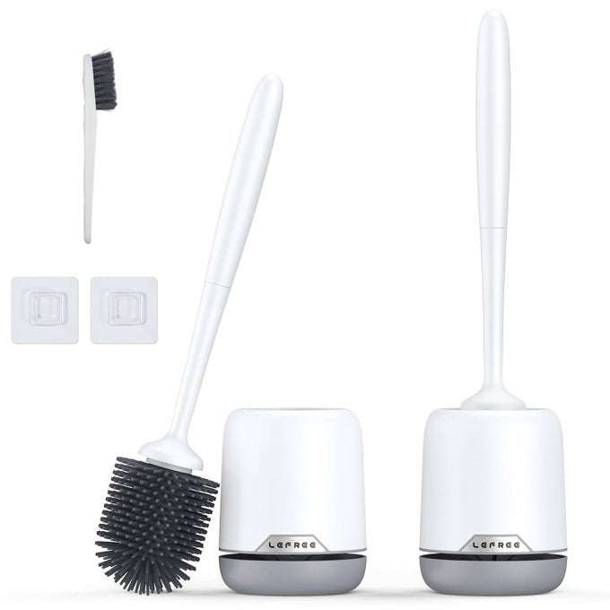 2 PACK SILICONE TOILET BOWL BRUSH AND HOLDER SET WITH VENTILATED HOLDER FLOOR STANDING WALL MOUNTED TOILET SCRUBBER