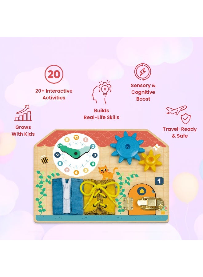 COGNIKIDS لوحة مشغولة للأطفال الصغار – 20+ نشاط حسي مونتيسوري | لعبة تعليمية محمولة مع أجراس، تروس، أقفال ومرآة | تطوير المهارات الحركية الدقيقة للأعمار من 1-4 - Image 3