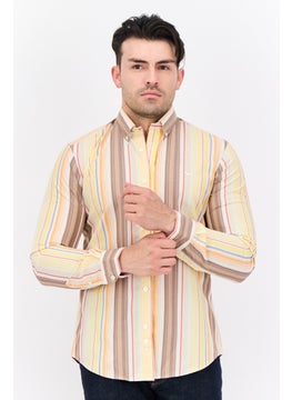 Men Narrow Fit Stripe Long Sleeves Casual Shirt, Yellow