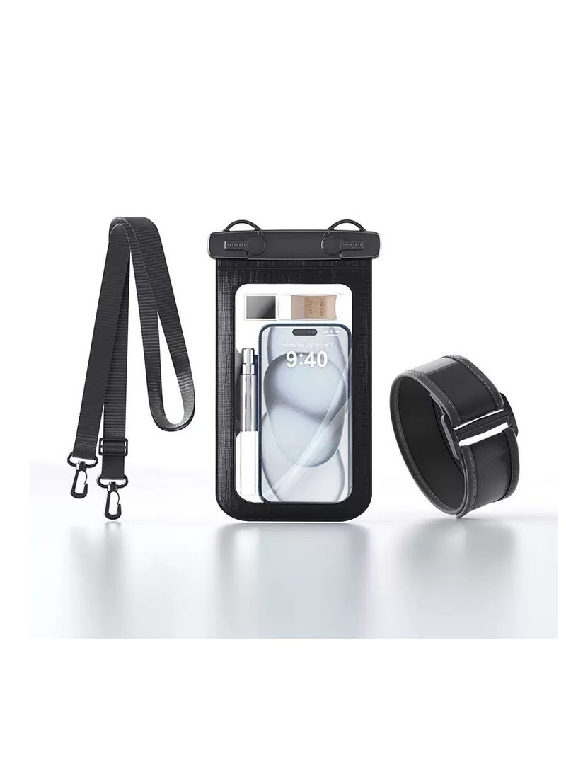 CityRiya-Long 2Pcs Waterproof Phone Pouch Set with Arm Strap & Lanyard Design - Touch-Sensitive Underwater Dry Bag, IPX8 Certified Universal Phone Case with Adjustable Wearable Straps for Phones up to 7.2'' - Ideal for Swimming, Running, Hiking & Water Sports - Leak-Proof, Shockproof & Hands-Free Convenience（D012-2-Black）  - Image 1