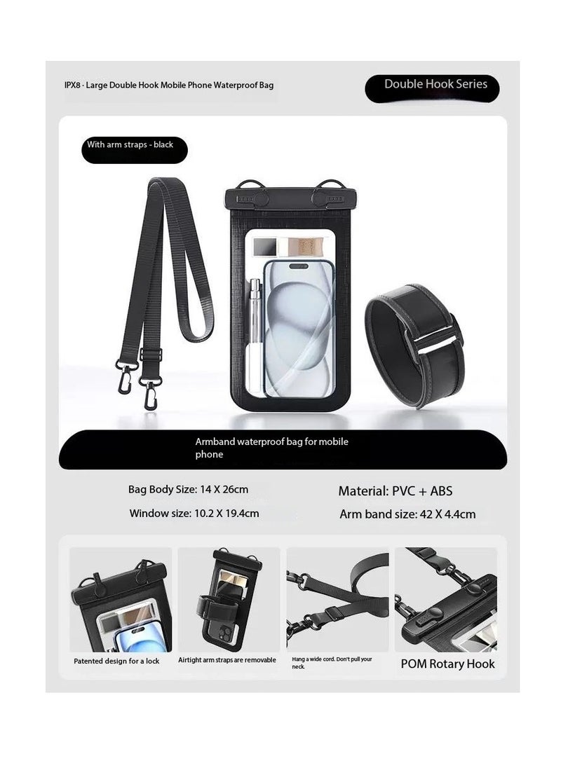 CityRiya-Long 2Pcs Waterproof Phone Pouch Set with Arm Strap & Lanyard Design - Touch-Sensitive Underwater Dry Bag, IPX8 Certified Universal Phone Case with Adjustable Wearable Straps for Phones up to 7.2'' - Ideal for Swimming, Running, Hiking & Water Sports - Leak-Proof, Shockproof & Hands-Free Convenience（D012-2-Black）  - Image 2