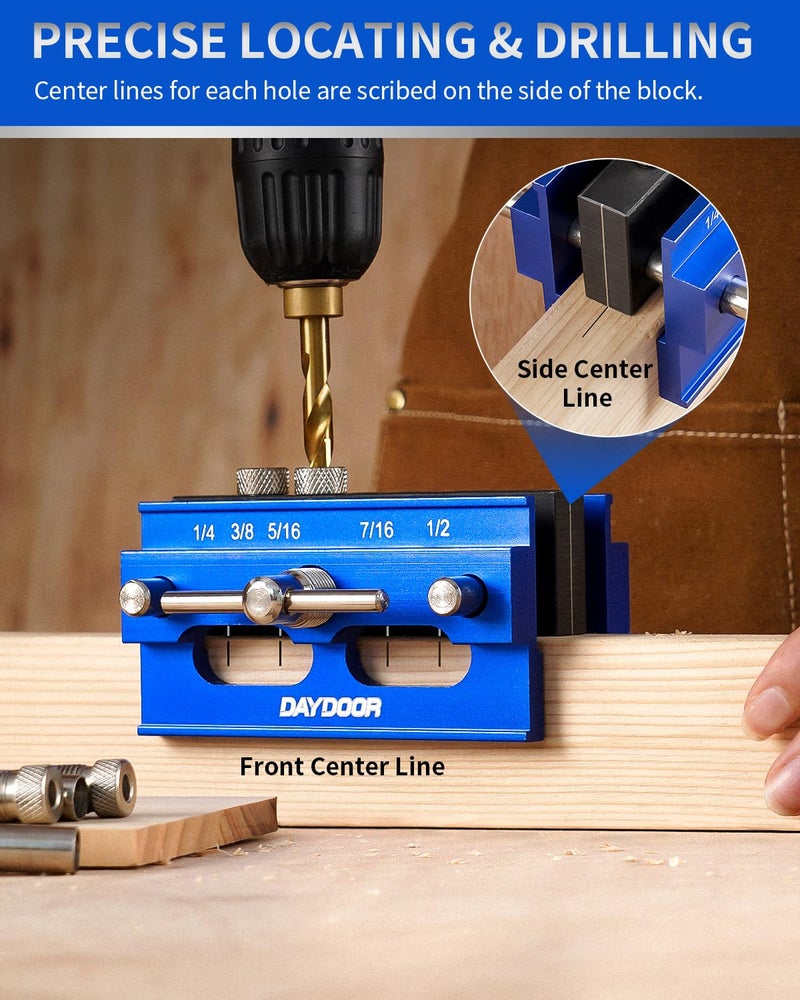 DAYDOOR 2.1" Self Centering Dowel Jig, Universal Capacity Doweling Jig & Drill Guide for Woodworking, Complete Kit with 6 Steel Bushings for Straight Holes(Blue) - Image 5