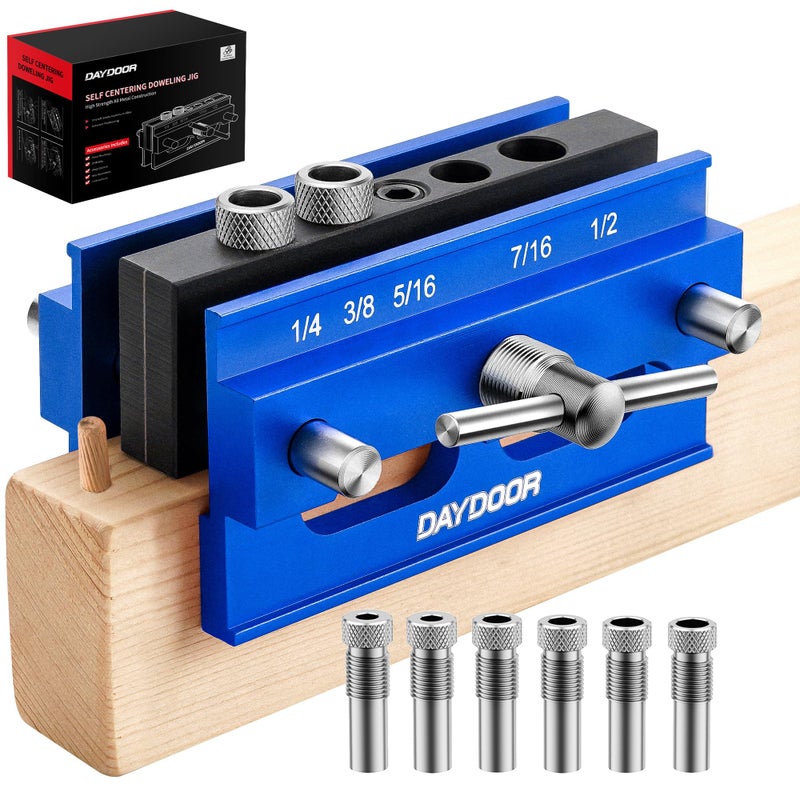 DAYDOOR 2.1" Self Centering Dowel Jig, Universal Capacity Doweling Jig & Drill Guide for Woodworking, Complete Kit with 6 Steel Bushings for Straight Holes(Blue) - Image 1