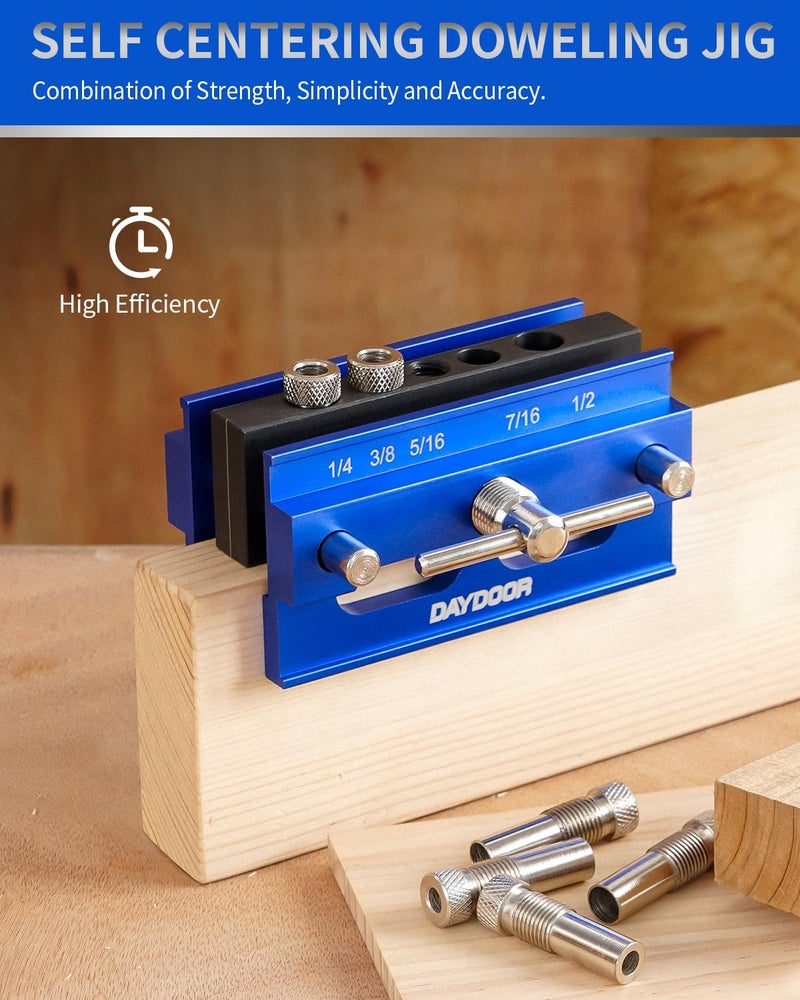 DAYDOOR 2.1" Self Centering Dowel Jig, Universal Capacity Doweling Jig & Drill Guide for Woodworking, Complete Kit with 6 Steel Bushings for Straight Holes(Blue) - Image 2