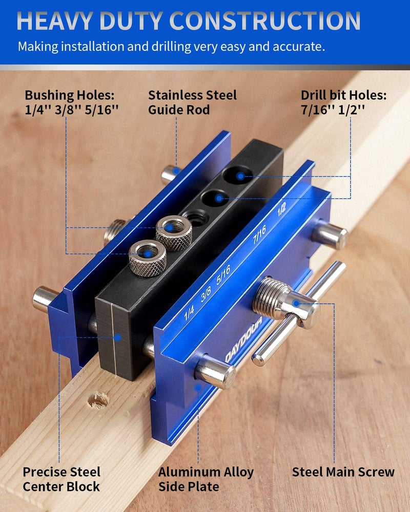 DAYDOOR 2.1" Self Centering Dowel Jig, Universal Capacity Doweling Jig & Drill Guide for Woodworking, Complete Kit with 6 Steel Bushings for Straight Holes(Blue) - Image 4