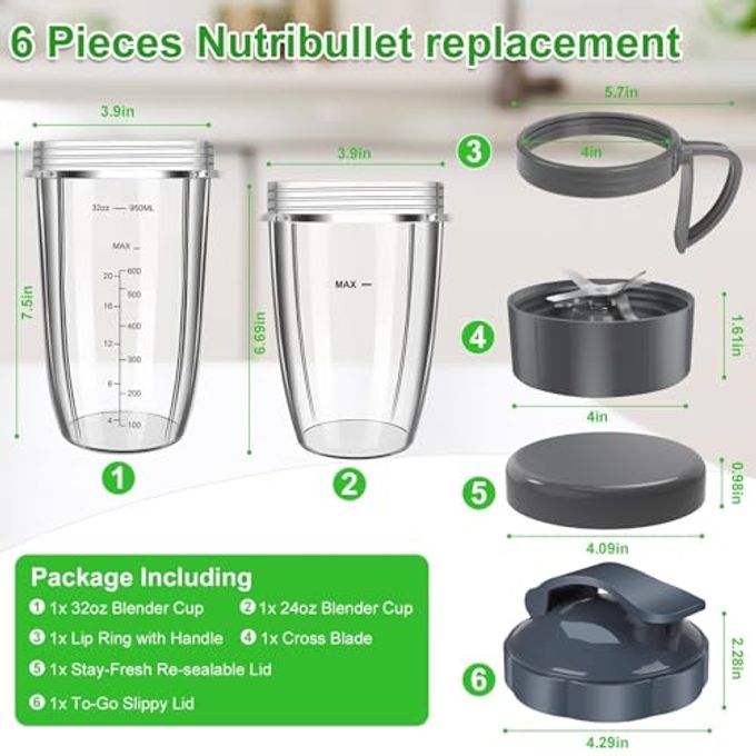 Nutribullet Blender Cups & Blade Replacement Set, 32oz & 24oz Nutribullet cups with Lid To-Go Lid and Lip Ring, Replacement Cups for Nutri Bullet Blenders 600w & Pro 900w Accessories 6 PCS - Image 2