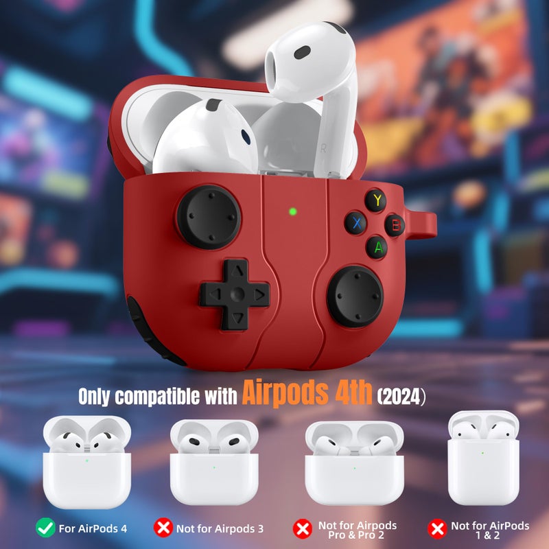 Getino for AirPods 4 2024 Case Cover with Cleaner Kit, Keychain,Compatible with Apple Airpods 4 Case Cover, Cute Funny Game Console Shock-Proof Protective Silicone AirPod 4 Case Covers for Men Boy-Red - Image 2
