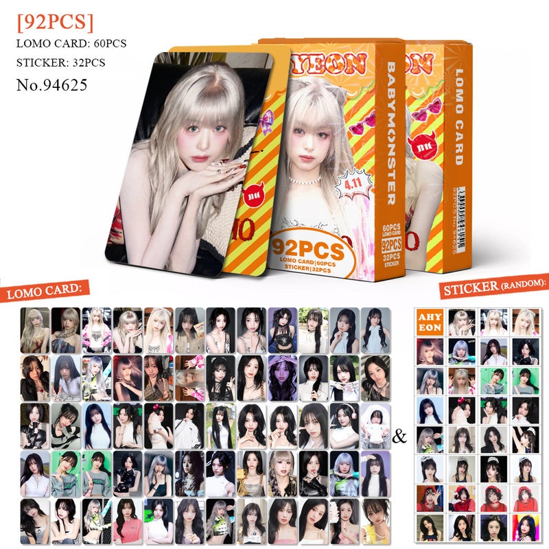 BabyMonster Lomocard & Sticker Set – 92PCS (60 Lomocards + 32 Random Stickers) | Aesthetic Photo Card Collection for Fans