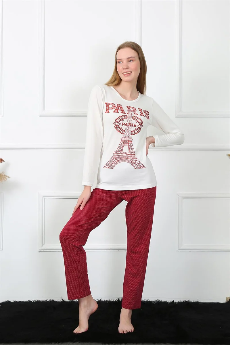 Akbeniz Women's Paris Combed Cotton Long Sleeve Pajamas Set 4139