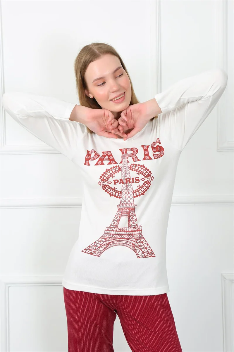 Akbeniz Women's Paris Combed Cotton Long Sleeve Pajamas Set 4139