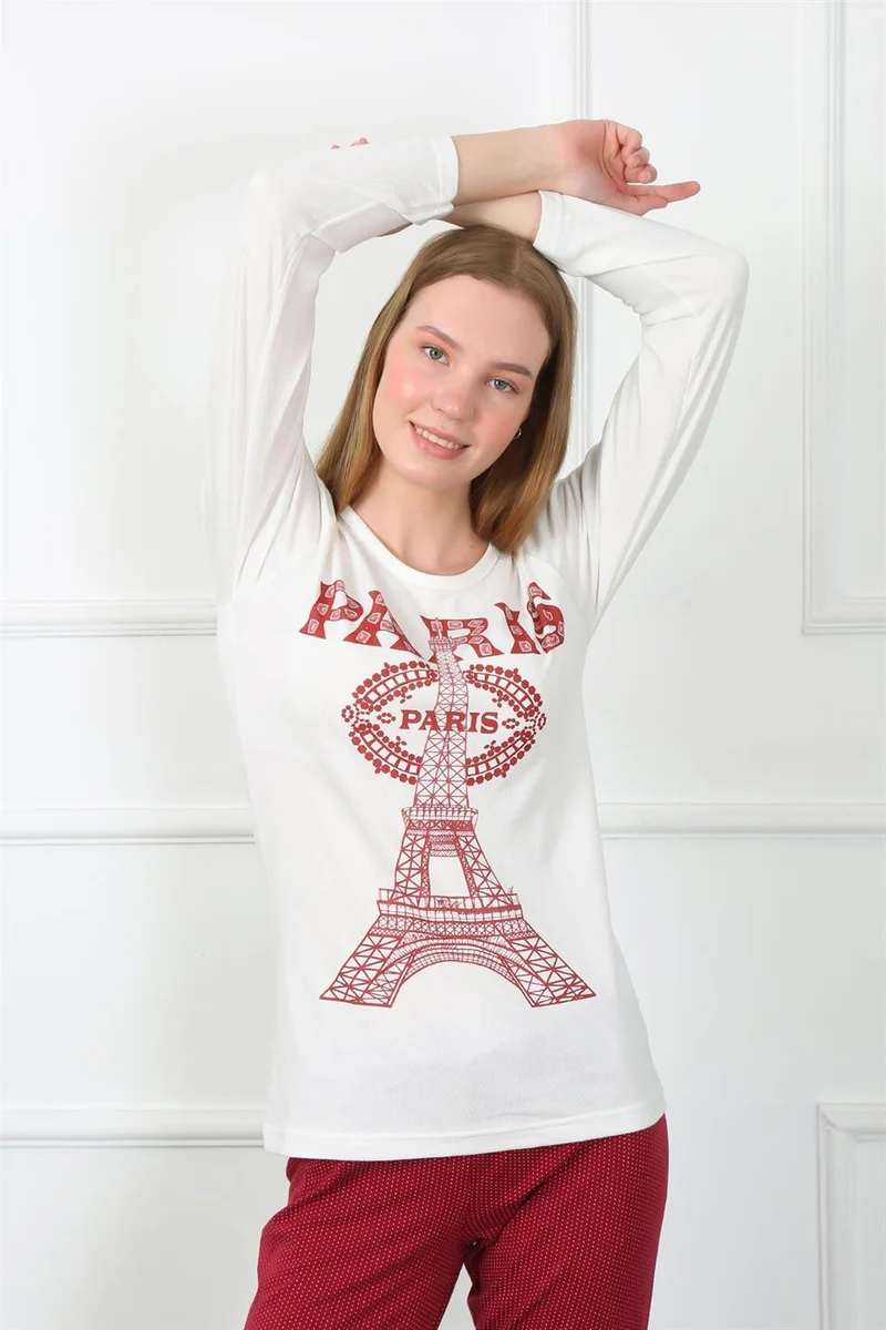 Akbeniz Women's Paris Combed Cotton Long Sleeve Pajamas Set 4139