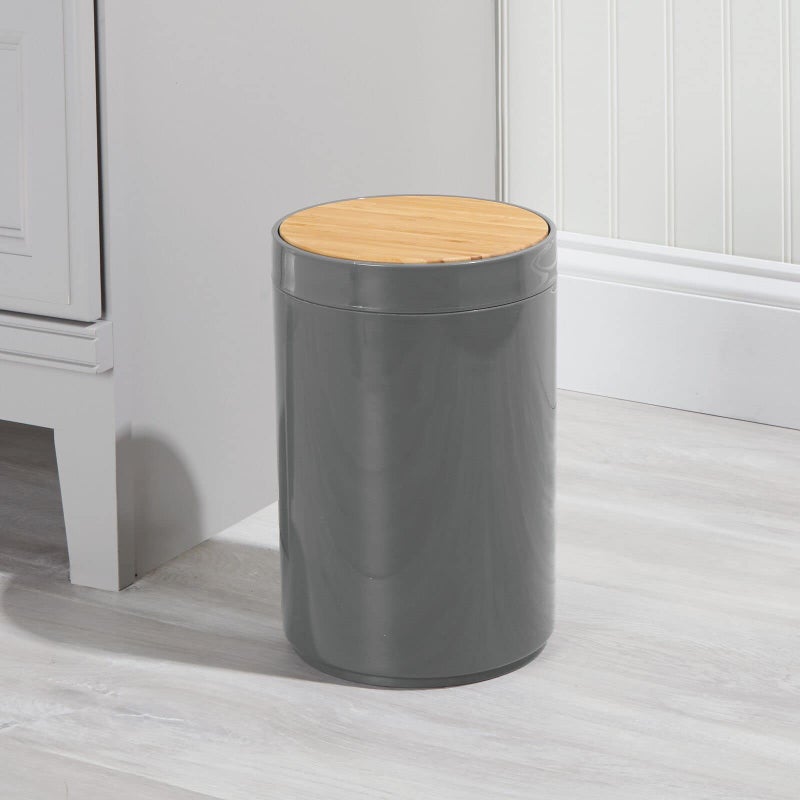 mDesign Plastic Round Trash Can Small Wastebasket - Garbage Bin Container with Swing-Close Lid - Bathroom Garbage Basket - Holds Waste, Recycling - 1.3 Gallon - Basa Collection - Charcoal Gray/Natural - Image 3