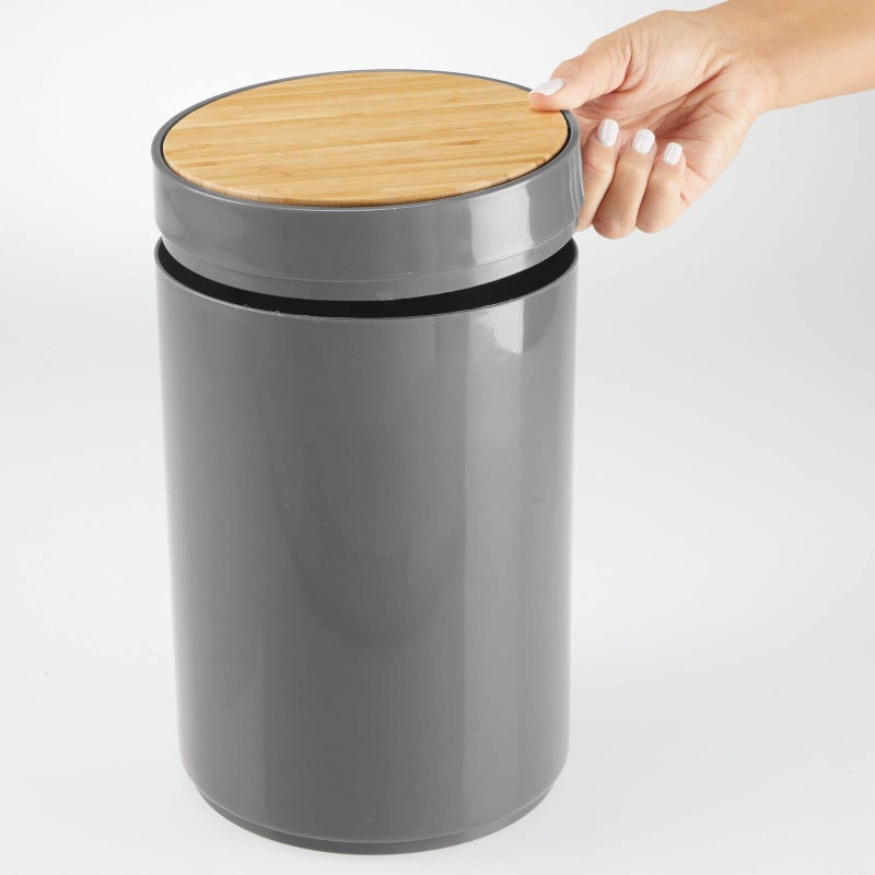 mDesign Plastic Round Trash Can Small Wastebasket - Garbage Bin Container with Swing-Close Lid - Bathroom Garbage Basket - Holds Waste, Recycling - 1.3 Gallon - Basa Collection - Charcoal Gray/Natural - Image 5