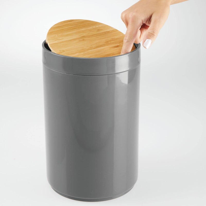 mDesign Plastic Round Trash Can Small Wastebasket - Garbage Bin Container with Swing-Close Lid - Bathroom Garbage Basket - Holds Waste, Recycling - 1.3 Gallon - Basa Collection - Charcoal Gray/Natural - Image 4