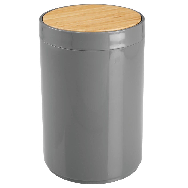 mDesign Plastic Round Trash Can Small Wastebasket - Garbage Bin Container with Swing-Close Lid - Bathroom Garbage Basket - Holds Waste, Recycling - 1.3 Gallon - Basa Collection - Charcoal Gray/Natural - Image 1