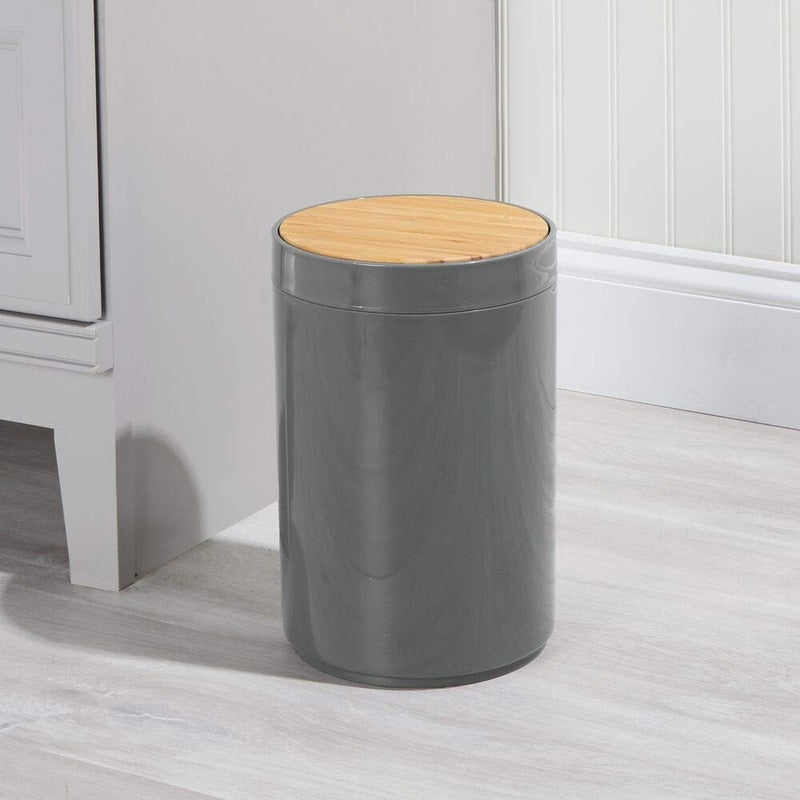 mDesign Plastic Round Trash Can Small Wastebasket - Garbage Bin Container with Swing-Close Lid - Bathroom Garbage Basket - Holds Waste, Recycling - 1.3 Gallon - Basa Collection - Charcoal Gray/Natural - Image 2