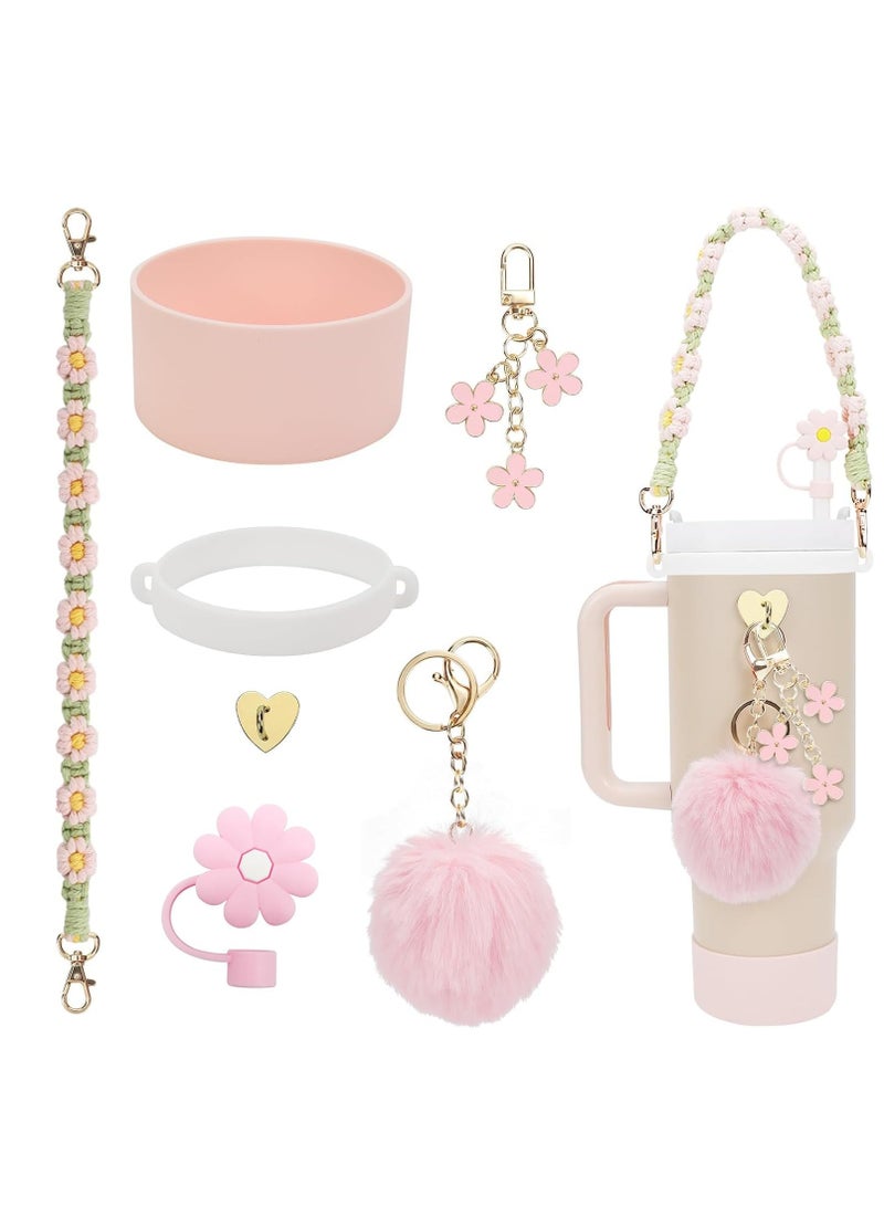 مجموعة إكسسوارات زجاجات المياه من 7 قطع لأكواب ستانلي سعة 30 أونصة و40 أونصة تتضمن حزام مقبض وغطاء من القش المصنوع من السيليكون وسلسلة مفاتيح - Image 1