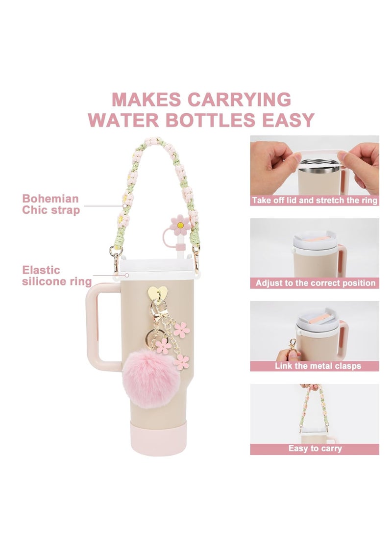 مجموعة إكسسوارات زجاجات المياه من 7 قطع لأكواب ستانلي سعة 30 أونصة و40 أونصة تتضمن حزام مقبض وغطاء من القش المصنوع من السيليكون وسلسلة مفاتيح - Image 4