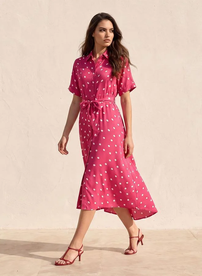 Splash FAV Fav Midi Polka Dot Print Shirt Dress with Belt