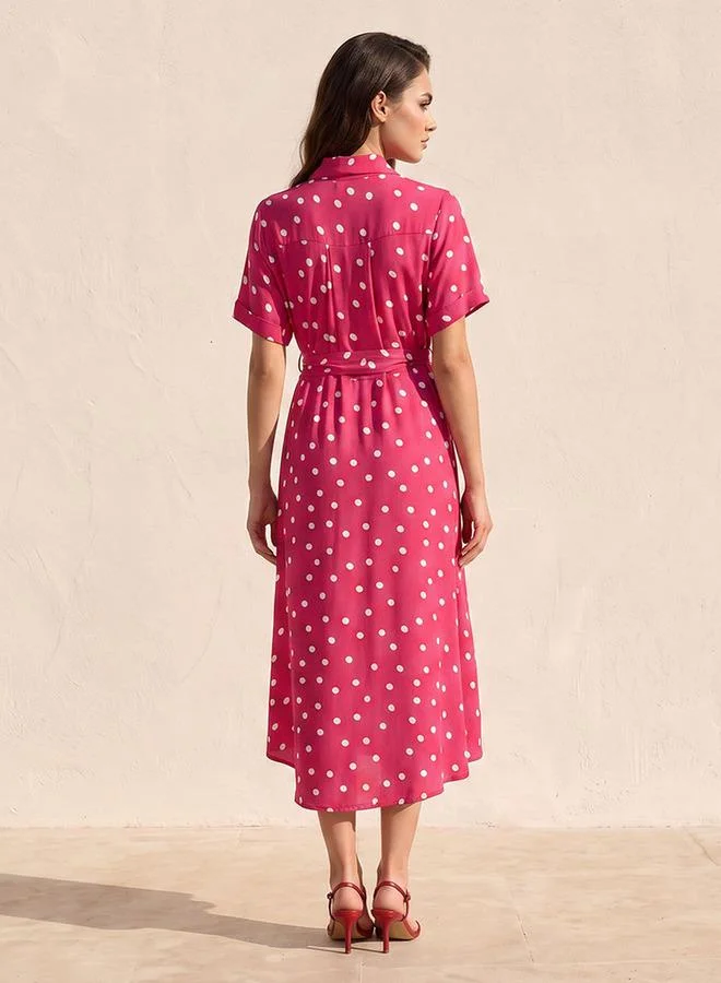 Splash FAV Fav Midi Polka Dot Print Shirt Dress with Belt