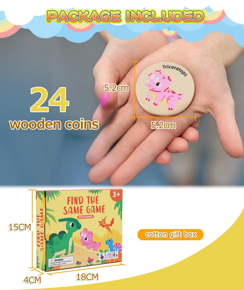 Protado Wooden Match Memory Game for Kids, 24Pc Memory Matching Cards, Educational Memory Matching Game for Pre-Kindergarten Early Learning Development Kids-Dinosaur - Image 5
