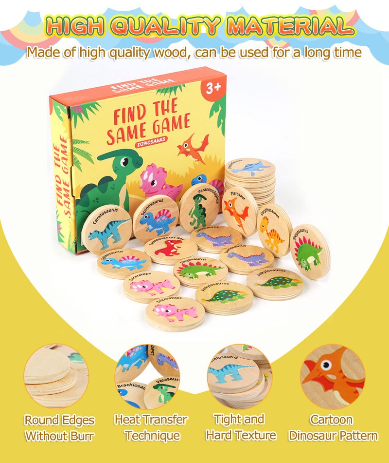 Protado Wooden Match Memory Game for Kids, 24Pc Memory Matching Cards, Educational Memory Matching Game for Pre-Kindergarten Early Learning Development Kids-Dinosaur - Image 4