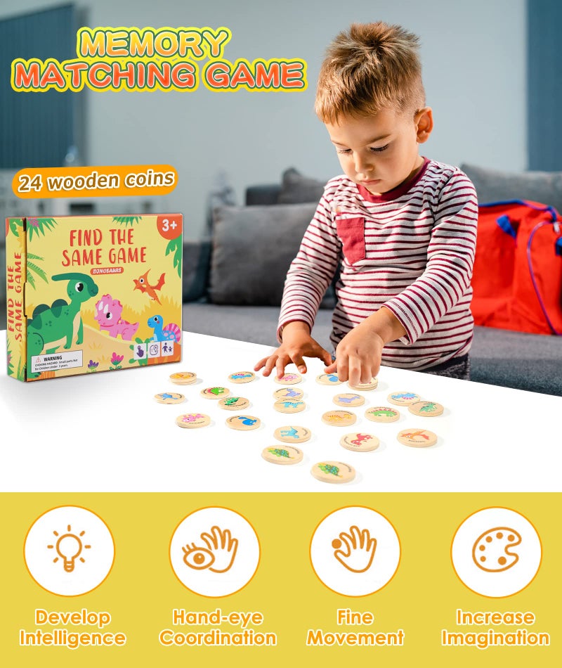 Protado Wooden Match Memory Game for Kids, 24Pc Memory Matching Cards, Educational Memory Matching Game for Pre-Kindergarten Early Learning Development Kids-Dinosaur - Image 2