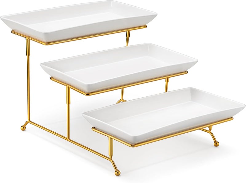 MALACASA 3 Tier Serving Trays for Party, 12 Inch Porcelain White Trays for Serving Food, Dessert Stand with Collapsible Gold Metal Rack - Image 1