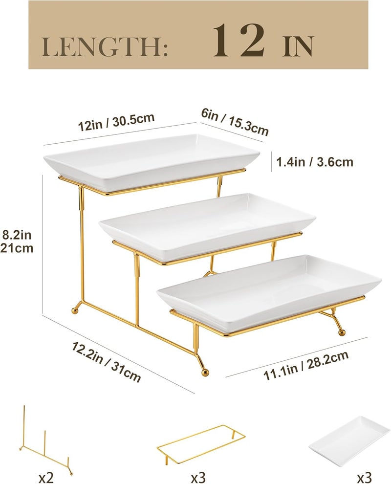 MALACASA 3 Tier Serving Trays for Party, 12 Inch Porcelain White Trays for Serving Food, Dessert Stand with Collapsible Gold Metal Rack - Image 2