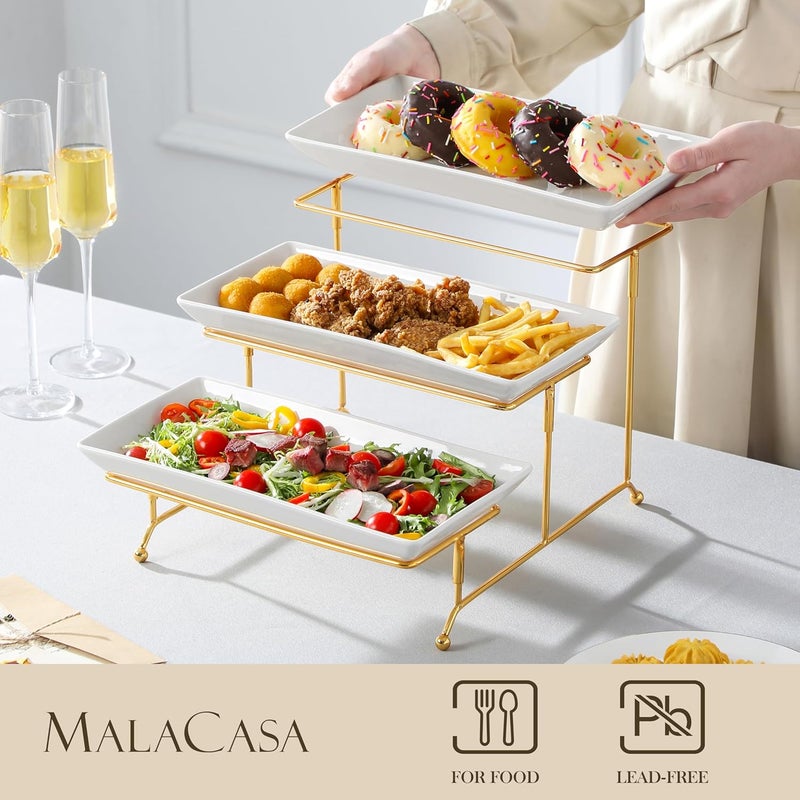 MALACASA 3 Tier Serving Trays for Party, 12 Inch Porcelain White Trays for Serving Food, Dessert Stand with Collapsible Gold Metal Rack - Image 3